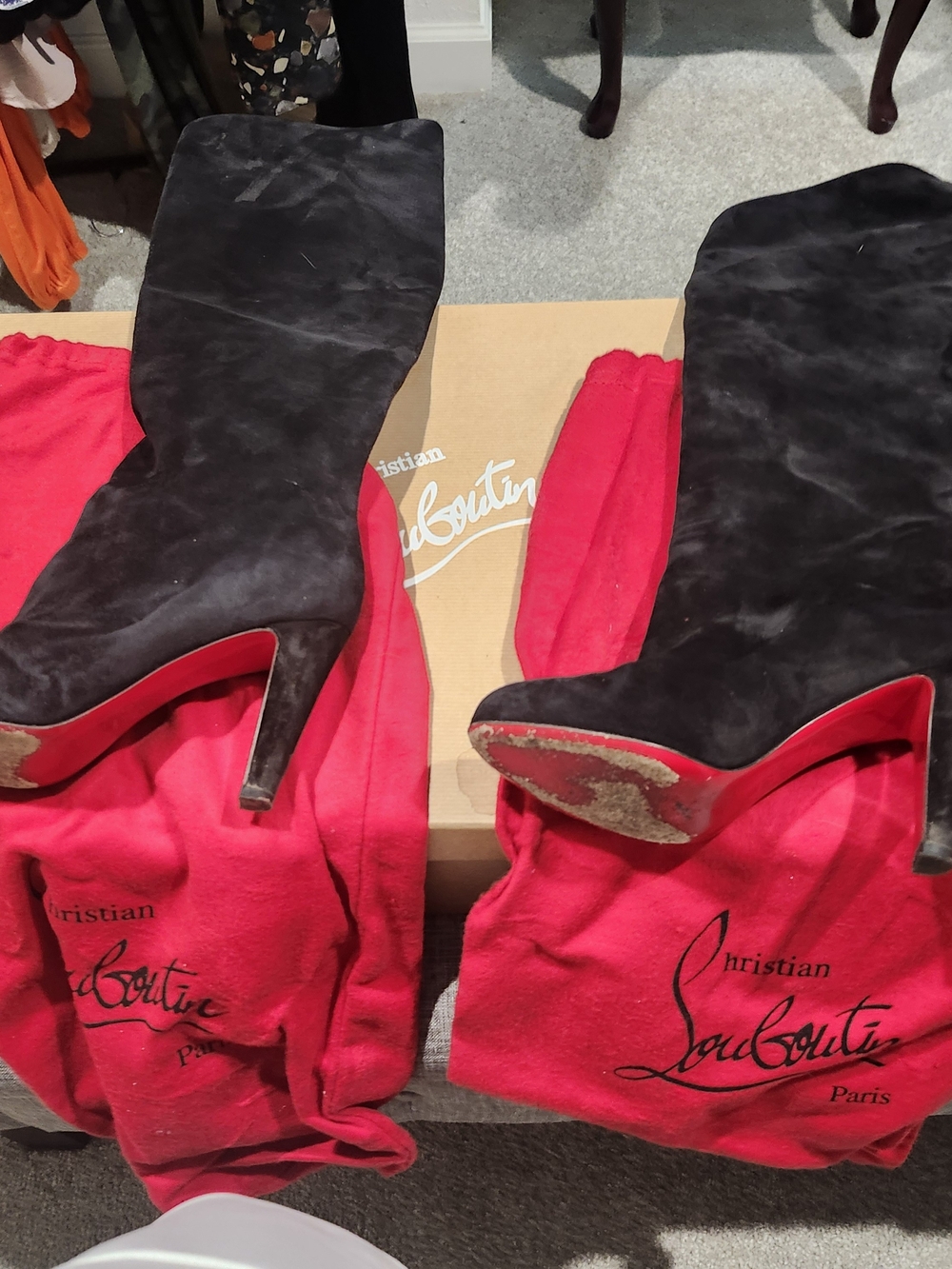 Christian Louboutin Black Suede Over-the-Knee Stiletto Boots with Red Soles